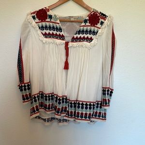 Embroidered White Jacket with Red and Blue Accents